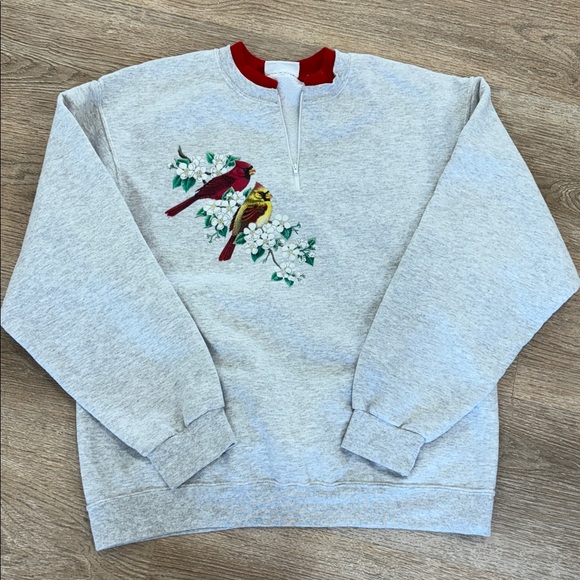 Vintage Morning Sun Cardinal Bird Floral Sweatshirt Gray Red Half Zip Large - Picture 5 of 11